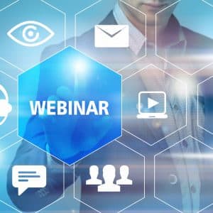 Man with icons and webinar text floating around him