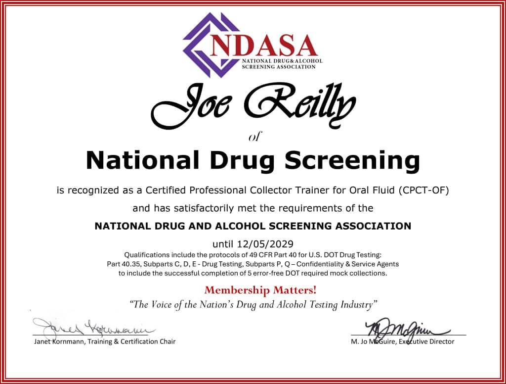 Joe Reilly Certificate for Oral Fluid Testing